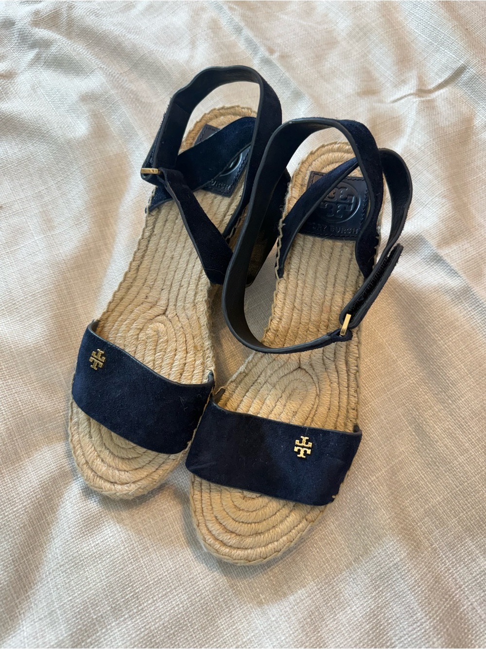 Tory Burch Navy Suede Espadrille Slingback Sandals with Gold Logo